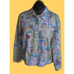 SML Sport Vintage Butterflys & Flowers Denim Style Button Up Jacket / Coat Large